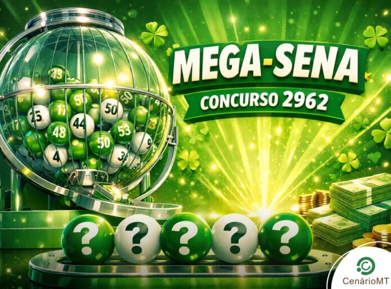 Banner da Mega-Sena com o tradicional padrão de cores verde e branco. A imagem mostra o globo metálico de sorteio, luzes brilhantes, trevos da sorte flutuando e as seis bolas brancas com pontos de interrogação em destaque sobre uma base prateada.