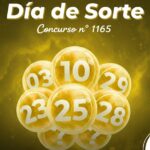 Banner amarelo temático da loteria Dia de Sorte, concurso 1165, com estética moderna e bolas de sorteio numeradas.