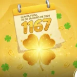 Ilustração publicitária da loteria Dia de Sorte, concurso 1167, apresentando um calendário estilizado com a data 22 de janeiro de 2026, um grande trevo de quatro folhas dourado central e pequenos trevos verdes flutuando sobre um fundo amarelo vibrante com moedas de ouro.