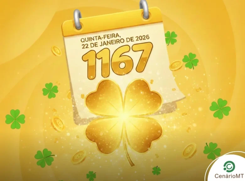 Ilustração publicitária da loteria Dia de Sorte, concurso 1167, apresentando um calendário estilizado com a data 22 de janeiro de 2026, um grande trevo de quatro folhas dourado central e pequenos trevos verdes flutuando sobre um fundo amarelo vibrante com moedas de ouro.