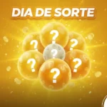 Ilustração da loteria Dia de Sorte com sete esferas amarelas e uma esfera central branca, todas com pontos de interrogação, flutuando em um fundo dourado brilhante com moedas e confetes.