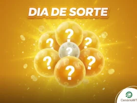 Ilustração da loteria Dia de Sorte com sete esferas amarelas e uma esfera central branca, todas com pontos de interrogação, flutuando em um fundo dourado brilhante com moedas e confetes.