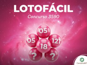 Ilustração rosa para Lotofácil 3590, mostrando bolas de sorteio estilizadas em um ambiente cósmico e brilhante.