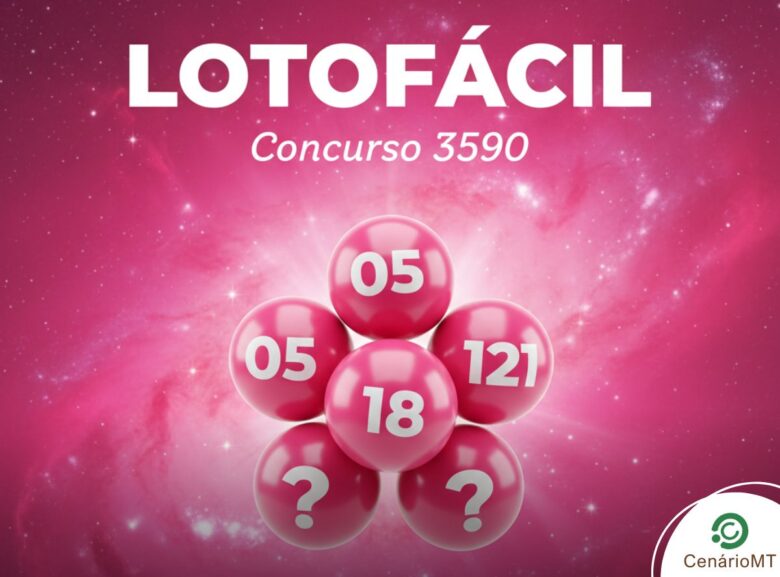 Ilustração rosa para Lotofácil 3590, mostrando bolas de sorteio estilizadas em um ambiente cósmico e brilhante.