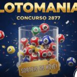 Banner de anuncio para a Lotomania concurso 2877 com bolas de sorteio numeradas