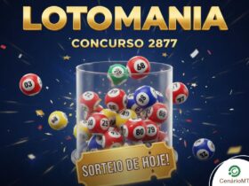 Banner de anuncio para a Lotomania concurso 2877 com bolas de sorteio numeradas