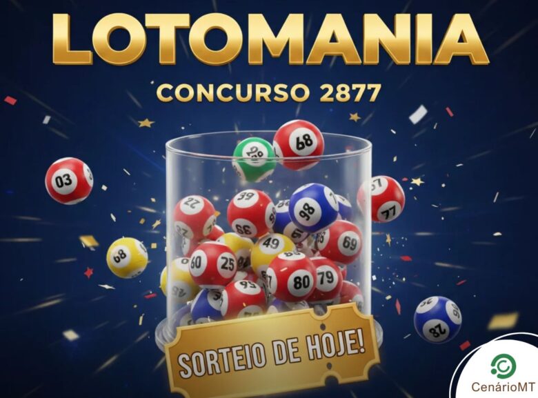 Banner de anuncio para a Lotomania concurso 2877 com bolas de sorteio numeradas
