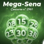 Imagem de destaque verde para a Mega-Sena 2961, com bolas de loteria brilhantes.