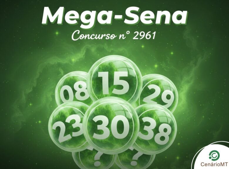 Imagem de destaque verde para a Mega-Sena 2961, com bolas de loteria brilhantes.