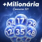 Arte digital em tons de azul para a +Milionária 321, exibindo globos numerados flutuantes e fundo estelar.