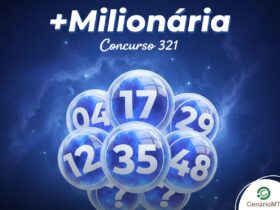 Arte digital em tons de azul para a +Milionária 321, exibindo globos numerados flutuantes e fundo estelar.