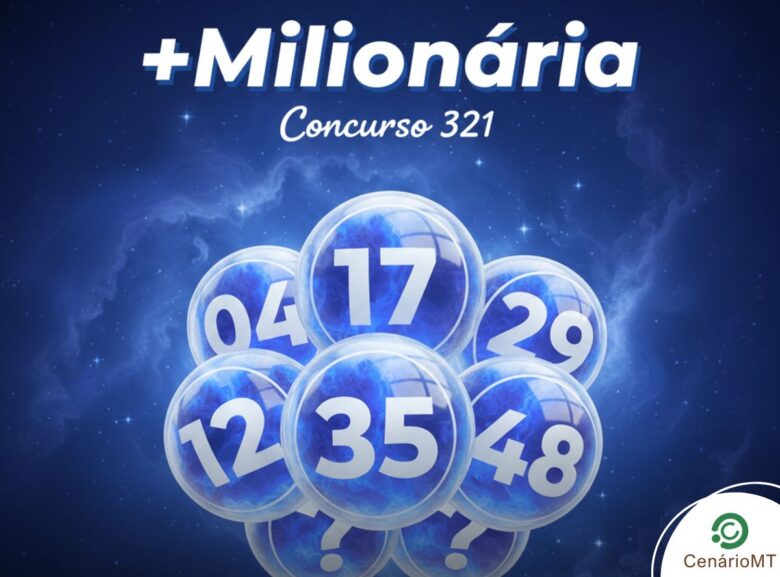 Arte digital em tons de azul para a +Milionária 321, exibindo globos numerados flutuantes e fundo estelar.