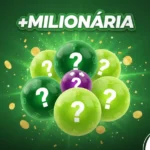 Logotipo da loteria +Milionária com destaque para esferas em tons de verde e uma esfera central roxa com trevos, todas marcadas com pontos de interrogação.