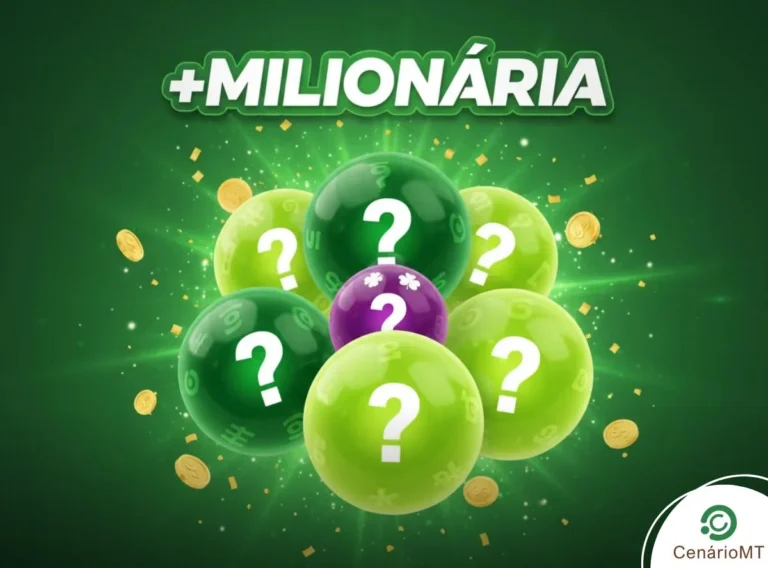 Logotipo da loteria +Milionária com destaque para esferas em tons de verde e uma esfera central roxa com trevos, todas marcadas com pontos de interrogação.