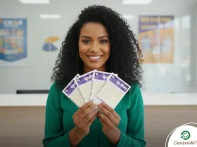 Mulher segurando bilhetes da Quina