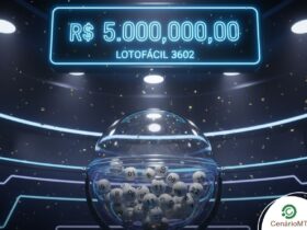 Cenário futurista com luzes neon azuis. Um painel digital suspenso exibe o prêmio "R$ 5.000.000,00" e o nome "LOTOFÁCIL 3602". Abaixo, um globo de vidro transparente contém bolas de sorteio brancas numeradas sob luzes de estúdio