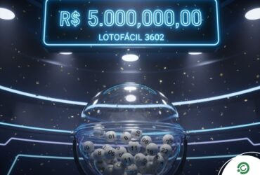 Resultado da Lotofácil 3602: Confira os números sorteados hoje 33 Cenário futurista com luzes neon azuis. Um painel digital suspenso exibe o prêmio "R$ 5.000.000,00" e o nome "LOTOFÁCIL 3602". Abaixo, um globo de vidro transparente contém bolas de sorteio brancas numeradas sob luzes de estúdio