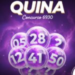 Banner roxo vibrante da Quina, concurso 6930, destacando bolas de sorteio iluminadas com números e interrogações.