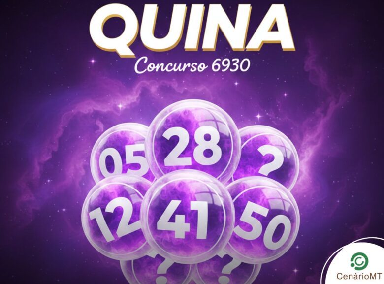 Banner roxo vibrante da Quina, concurso 6930, destacando bolas de sorteio iluminadas com números e interrogações.