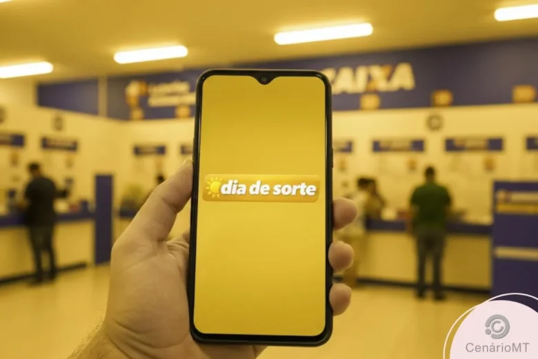Celular com a logo da loteria Dia de Sorte em uma lotérica da Caixa Econômica Federal