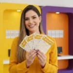 Foto de mulher segurando volantes da dia de sorte