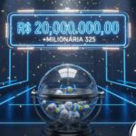 Imagem de alta tecnologia com linhas de luz azul no chão e nas paredes. Um letreiro neon destaca "R$ 20.000.000,00" e "+MILIONÁRIA 325". No centro, um globo metálico com bolas de sorteio azuis e amarelas