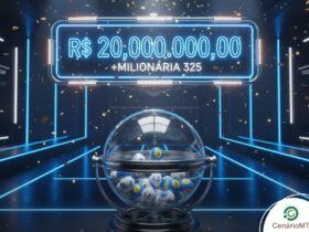 Imagem de alta tecnologia com linhas de luz azul no chão e nas paredes. Um letreiro neon destaca "R$ 20.000.000,00" e "+MILIONÁRIA 325". No centro, um globo metálico com bolas de sorteio azuis e amarelas