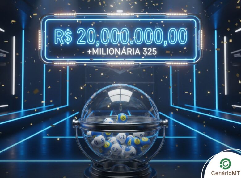 Imagem de alta tecnologia com linhas de luz azul no chão e nas paredes. Um letreiro neon destaca "R$ 20.000.000,00" e "+MILIONÁRIA 325". No centro, um globo metálico com bolas de sorteio azuis e amarelas