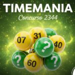 Imagem em verde e amarelo para a Timemania 2344, destacando elementos de sorte e o número do concurso em evidência.