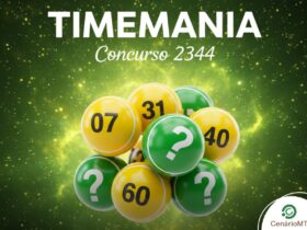 Imagem em verde e amarelo para a Timemania 2344, destacando elementos de sorte e o número do concurso em evidência.