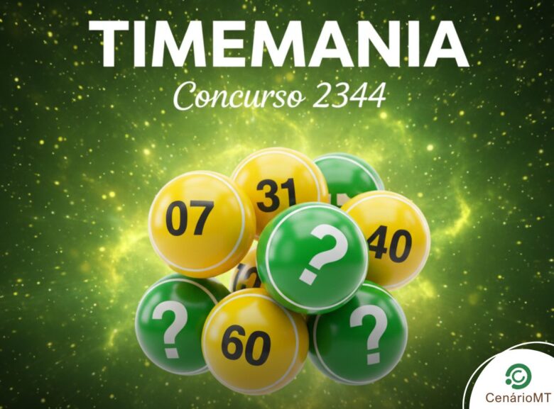 Imagem em verde e amarelo para a Timemania 2344, destacando elementos de sorte e o número do concurso em evidência.