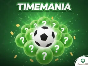 Imagem temática da Timemania com uma bola de futebol centralizada, rodeada por diversas esferas verdes com pontos de interrogação sobre um fundo verde brilhante com moedas.