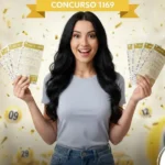 Mulher jovem de cabelos pretos sorrindo e segurando bilhetes da loteria Dia de Sorte. Ao fundo, bolas amarelas de sorteio flutuam com os números 05, 03, 09, 12 e 23, sob confetes dourados e uma faixa escrita "CONCURSO 1169".