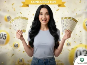 Mulher jovem de cabelos pretos sorrindo e segurando bilhetes da loteria Dia de Sorte. Ao fundo, bolas amarelas de sorteio flutuam com os números 05, 03, 09, 12 e 23, sob confetes dourados e uma faixa escrita "CONCURSO 1169".