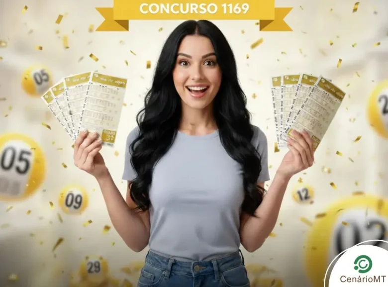 Mulher jovem de cabelos pretos sorrindo e segurando bilhetes da loteria Dia de Sorte. Ao fundo, bolas amarelas de sorteio flutuam com os números 05, 03, 09, 12 e 23, sob confetes dourados e uma faixa escrita "CONCURSO 1169".