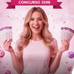 Mulher jovem loira sorrindo e segurando bilhetes da loteria Lotofácil. O cenário tem tons de rosa e roxo, com confetes e bolas de sorteio flutuando (números 09 e 25 visíveis). No topo, uma faixa rosa exibe o texto "CONCURSO 3598".
