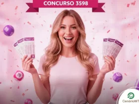 Mulher jovem loira sorrindo e segurando bilhetes da loteria Lotofácil. O cenário tem tons de rosa e roxo, com confetes e bolas de sorteio flutuando (números 09 e 25 visíveis). No topo, uma faixa rosa exibe o texto "CONCURSO 3598".