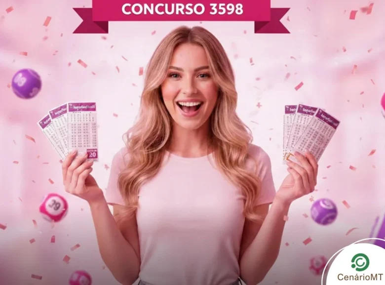 Mulher jovem loira sorrindo e segurando bilhetes da loteria Lotofácil. O cenário tem tons de rosa e roxo, com confetes e bolas de sorteio flutuando (números 09 e 25 visíveis). No topo, uma faixa rosa exibe o texto "CONCURSO 3598".