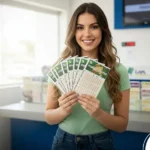 Mulher jovem e sorridente em uma casa lotérica, vestindo blusa verde casual e segurando vários bilhetes da Mega-Sena. O ambiente é iluminado e profissional, com foco nos volantes da loteria.
