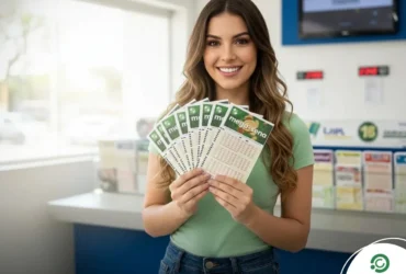 Mulher jovem e sorridente em uma casa lotérica, vestindo blusa verde casual e segurando vários bilhetes da Mega-Sena. O ambiente é iluminado e profissional, com foco nos volantes da loteria.