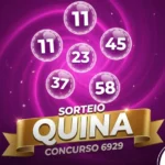 Banner promocional da loteria Quina, concurso 6929, com bolas numeradas ilustrativas em tons de roxo e dourado com a marca CenárioMT