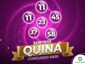 Banner promocional da loteria Quina, concurso 6929, com bolas numeradas ilustrativas em tons de roxo e dourado com a marca CenárioMT
