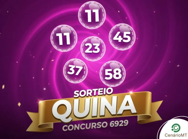 Banner promocional da loteria Quina, concurso 6929, com bolas numeradas ilustrativas em tons de roxo e dourado com a marca CenárioMT