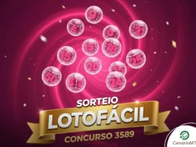 Banner promocional da Lotomania concurso 3589 com bolas de sorteio cor de rosa