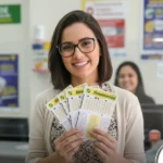Mulher segurando bilhetes da Timemania em uma lotérica