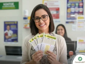Mulher segurando bilhetes da Timemania em uma lotérica