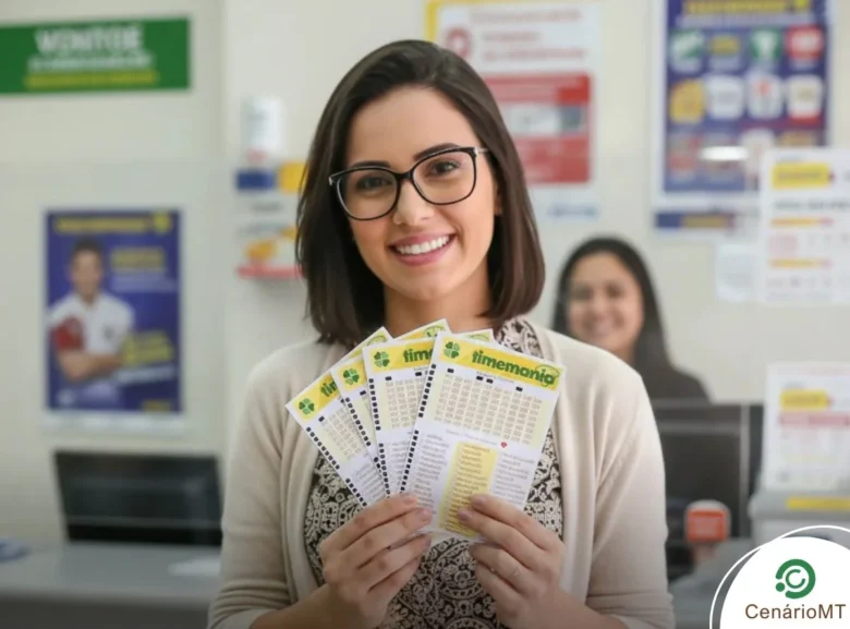 Mulher segurando bilhetes da Timemania em uma lotérica