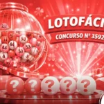 Imagem de impacto para loteria Lotofácil em tons de vermelho intenso e branco. Exibe o globo de sorteio da Lotofácil concurso 3592, com foco em bolas brancas de interrogação e pilhas de notas e moedas de ouro, transmitindo energia e sorte.