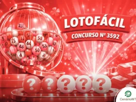 Imagem de impacto para loteria Lotofácil em tons de vermelho intenso e branco. Exibe o globo de sorteio da Lotofácil concurso 3592, com foco em bolas brancas de interrogação e pilhas de notas e moedas de ouro, transmitindo energia e sorte.