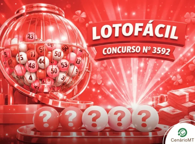 Imagem de impacto para loteria Lotofácil em tons de vermelho intenso e branco. Exibe o globo de sorteio da Lotofácil concurso 3592, com foco em bolas brancas de interrogação e pilhas de notas e moedas de ouro, transmitindo energia e sorte.